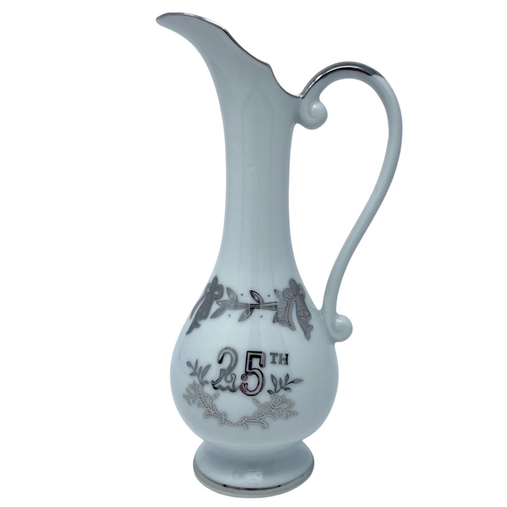 Lefton Porcelain 25th Wedding Anniversary Pitcher Bud Vase 7” Tall Vintage Gift
